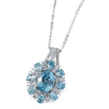 DJoy Womens 925 Sterling Silver Zircon Blue/White Oval Halo Pendant Necklace New picture