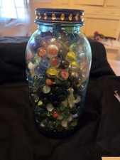Vintage Blue 1/2 Gallon Ball Mason Jar Filled with Old Glass Marbles  6.8lbs picture