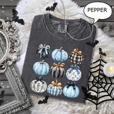 Blue Bow Pumpkin T-Shirt Coquette Fall Tee Women s Comfort Colors® picture