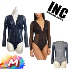 NWT INC Womens M Long-Sleeve Lace Mesh Bodysuit Black 100082360 $40 picture