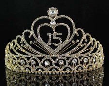 QUINCEANERA 15 FIFTHTEEN BIRTHDAY RHIESTONE TIARA CROWN W HAIR COMBS T1756G GOLD picture
