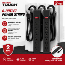 Hyper Tough 6-Outlet Indoor Power Strip, 2.5 ft Cord, UL/ETL Certified, Black picture