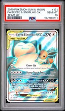 2019 POKEMON SUN & MOON TEAM UP #171 FULL ART/EEVEE & SNORLAX GX PSA 10 picture