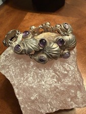 Mexican Silver Amethyst Cabochon Leaf Link Bracelet Signed Handmade 7 in picture