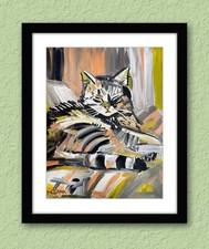 Original Abstract Sleeping Cat #1 Painting - Acrylics On 14x11