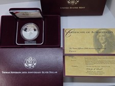 1993-S Thomas Jefferson 250th Anniversary $1 Proof Silver Dollar w/Box COA picture