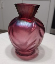 Antique Bohemian Art Nouveau Iridescent Cranberry Glass Miniature Vase 4.5