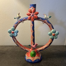 Vintage Mexican Pottery Tree of Life Candelabrum Candle Holder (See) picture