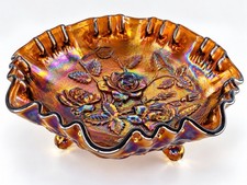 Vintage Imperial Lustre Rose Carnival Glass Bowl Old Gold 3 Footed Ruffled 8.25