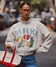PARKE Women's Gray Full Zip Mock Neck NYC Logo Graphic Sweatshirt Size S/M  picture