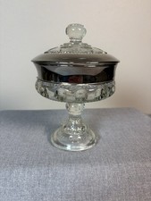 Indiana Glass Kings Crown Thumbprint Lidded Compote Silver Trim Dish picture