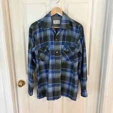 Vintage 60s Penneys Towncraft Plus Shirt Mens M Blue Plaid Worsted Wool Classic picture