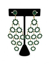 Vintage Emerald Green Rhinestone Chandelier Clip On Earrings Gold Tone Statement picture