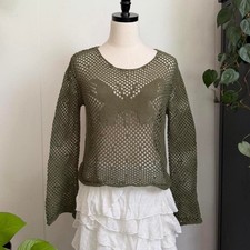 Romwe Womens Olive Green Crochet Butterfly Bell Sleeve Sweater Boho Top XL picture