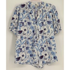 Cato Womens Blue White Floral Puff Sleeve Smocked Blouse V-Neck Top Sz XL picture