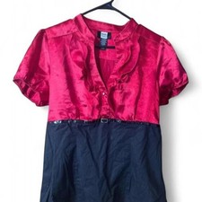 Studio 1940 Vintage Red Satin Ruffle Blouse Black Belted Peplum Top L picture