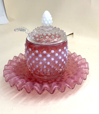 Fenton Cranberry Opalescent Glass Hobnail Jam Set  picture