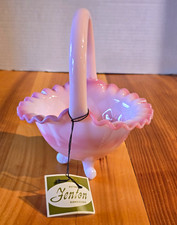 Vintage Fenton Rosalene Pink & White Bridal Basket W/ Ruffle Rim,  3 Feet, Handl picture