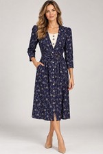 Vtg 80s Peri Petites Navy Shirt Dress Sz 8P Belt 3/4 Puff Sleeves Retro 1940s picture