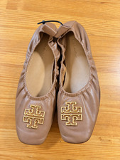 Tory Burch Brown Leather Ballet Flats Gold Double T Logo Women’s Size 6M picture