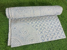 White Blue Embroidered Kantha quilt Fully Handstitched kantha bedspread Throw picture
