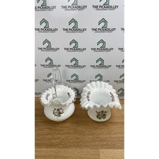 Fenton Violets in the Snow Milk Glass Basket and Ruffled Vase Set Silver Crest picture