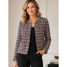NWT ANN TAYLOR $170 Black&Camel Multi Tweed Fringe Jacket Blazer Sz. 6 picture