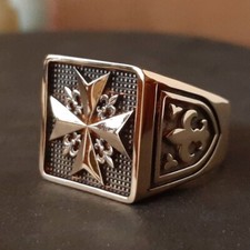 Knights of Malta Ring Silver Gold Plated Black Maltese Cross Men's Jewelry picture
