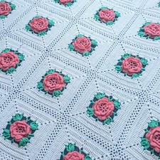 Vtg Handmade Crochet 3D Pink Rose Granny Square Large Blanket Bedspread Throw picture