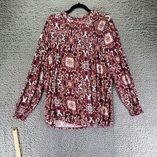 RXB Top Womens 3X Burgundy Red Floral Long Sleeve Rayon Spandex Smocked Blouse picture