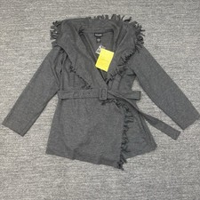Dialogue Wool Fringe Jacket Women Large Gray Belted Shawl Western Wrap QVC NEW picture