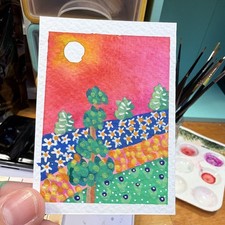 ACEO Original Bright Colorful Vibrant Acrylic Flower Field Amber Star 2.5x3.5 picture