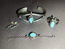 Vintage Navajo Lee Yazzie Signed Sterling Silver Turquoise 4-Piece Jewelry Set picture