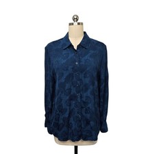 Chicos Navy Blue Jacquard Leaf Button Down Blouse Viscose Size 2.5 US 14 picture