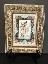 Vintage Persian Miniature Painting on Bone Khatam Kari Frame Art Signed Afshar picture
