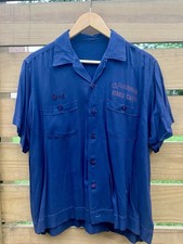 50s Chain Stitch Loop Collar Short Sleeve Rayon Shirt Men's L Vintage Navy Blue picture