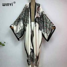 Black Peacock Kimono Batwing Cardigan Silky Robe Beach Kaftan Robe Pink Abaya picture