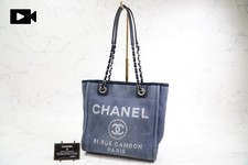 [Rank AB] CHANEL Deauville Canvas Chain Tote Bag Blue Navy Silver Hardware PM picture