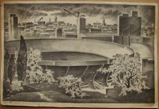 Ukrainian Soviet Lithography realism cityscape architecture stadium panorama picture