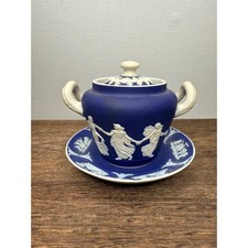Lot of 2 Wedgwood Blue Jasperware Covered Sugar Bowl with Lid and Saucer Figures picture