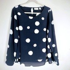 Chico's Navy Blue Polka Dot Blouse; Long Sleeve Layered Hem Keyhole Back picture