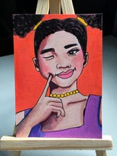 ACEO Beautiful Woman Smiling Orange Purple Original Painting SLBArtAndDesign picture