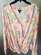 a.n.a Women's XL Geometric V-Neck Long Sleeve Pullover Blouse White Pink Blue picture