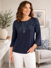 Chico’s Navy Blue Ember Floral Flutter  3/4 Sleeve  Ruffle Blouse Size 0 NWT picture