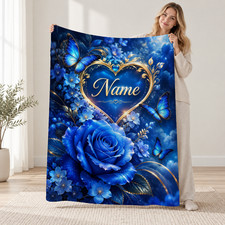 Personalized Blue Rose Butterfly Heart Coral Fleece Blanket picture