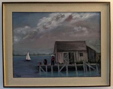 VTG Oil Painting Landscape Waterscape Boat Dock African American Folk Art FL   picture