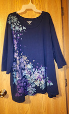 Catherines Easy Fit Tees 5X Navy Floral 3/4 Sleeve Tunic T-Shirt Scoop Neck picture