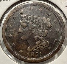 1851 Braided Hair Half Cent US 1/2C Copper Coin - XF Detail (U464) picture