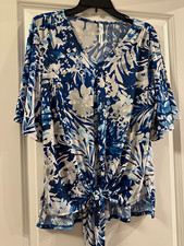 NY Collection Women's Blue/White Floral V-Neck Tie Front Blouse picture