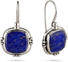 925 Sterling Silver Lapis Lazuli Cushion Shape Drop Dangle Earrings Blue Gemston picture
